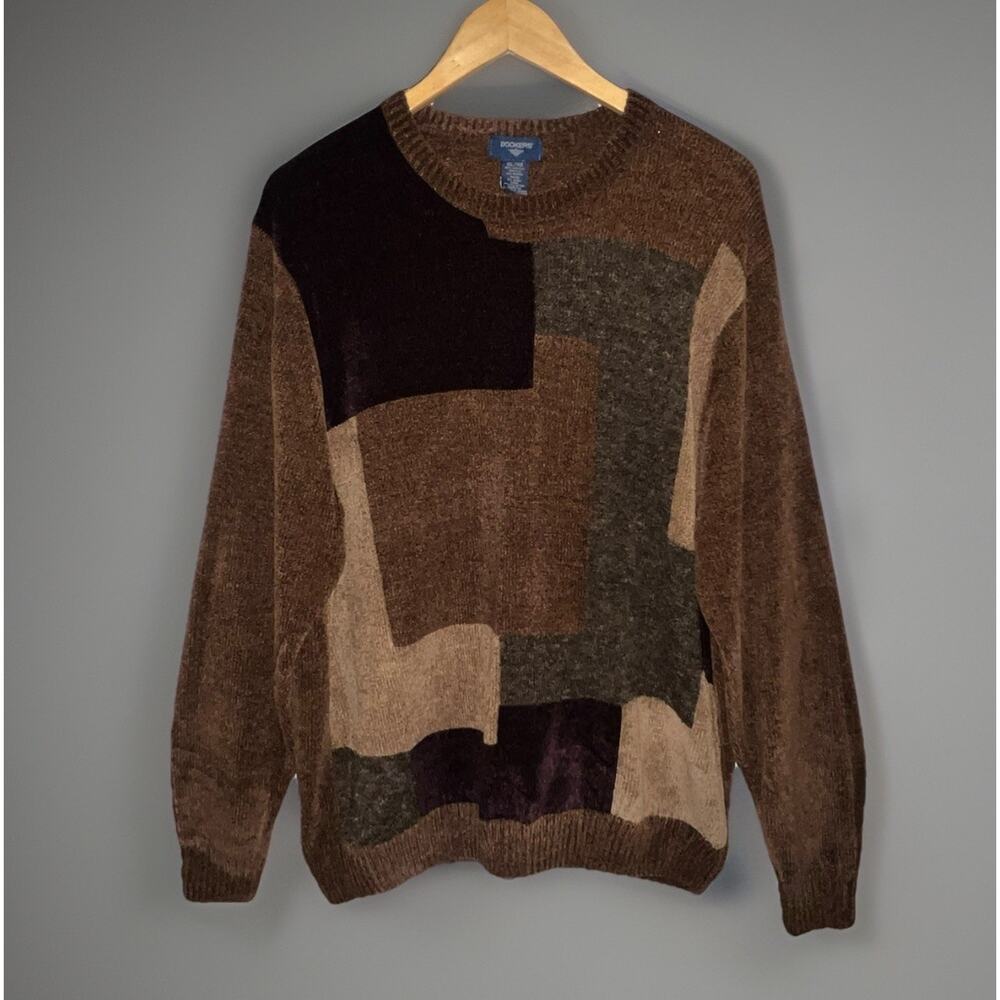 Dockers Sweater Chenille -Brown Geometric Textured Block Retro Fall - Soft - XL